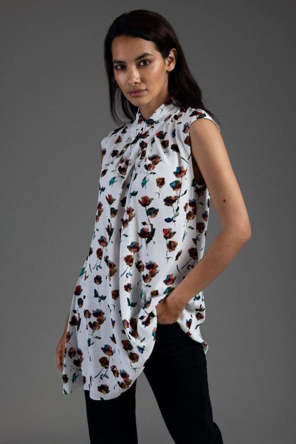 Zaria Ivory Rose Print High Neck Blouse