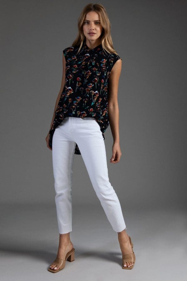 Zaria Black Rose Print High Neck Blouse