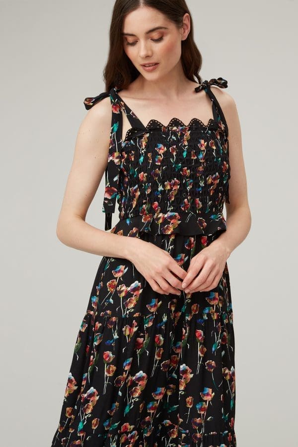 Zia Black Rainbow Rose Smock Tie Dress
