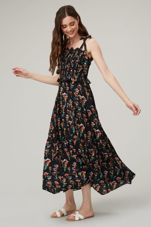 Zia Black Rainbow Rose Smock Tie Dress - Image 2
