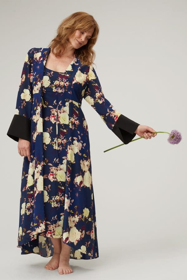 Sakura Midnight Floral Print Kimono Midi