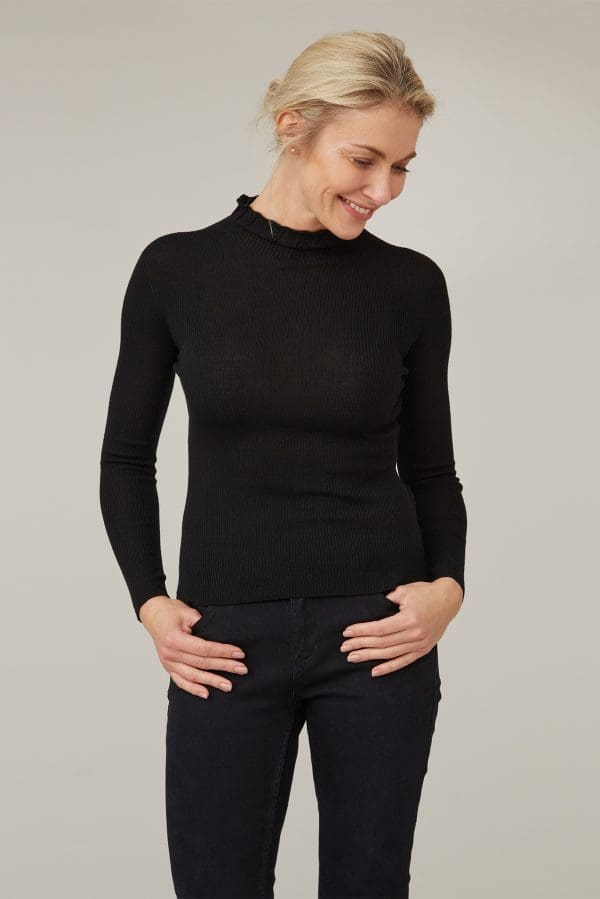 Black Pointelle Detail Fine Rib Jumper