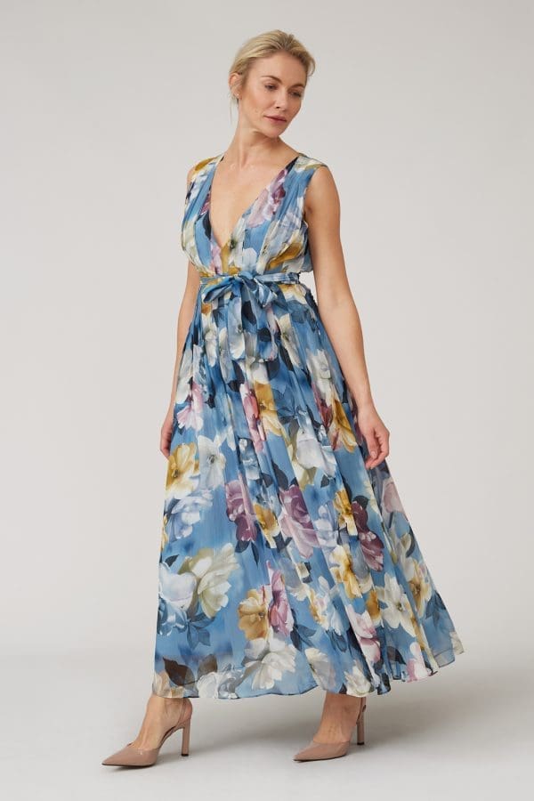 Pria Blue Floral Print Prom Maxi Dress