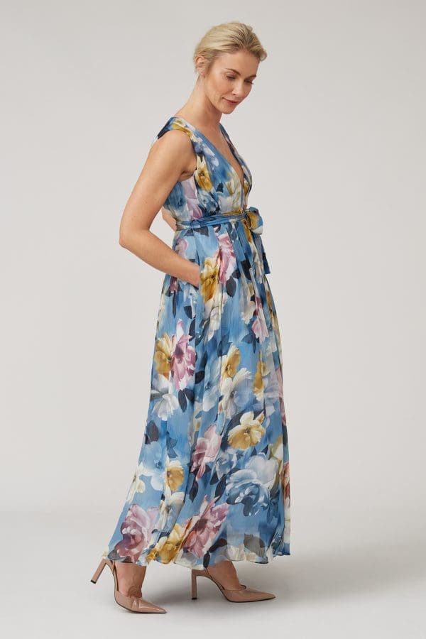 Pria Blue Floral Print Prom Maxi Dress - Image 2