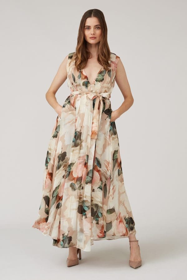 Pria Nude Floral Print Prom Maxi Dress