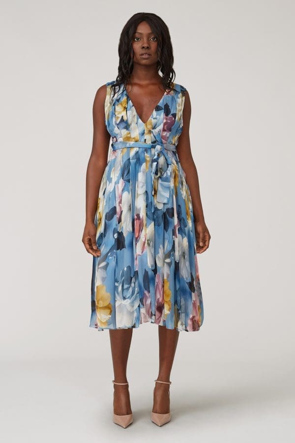 Pria Blue Floral Print Prom Midi Dress