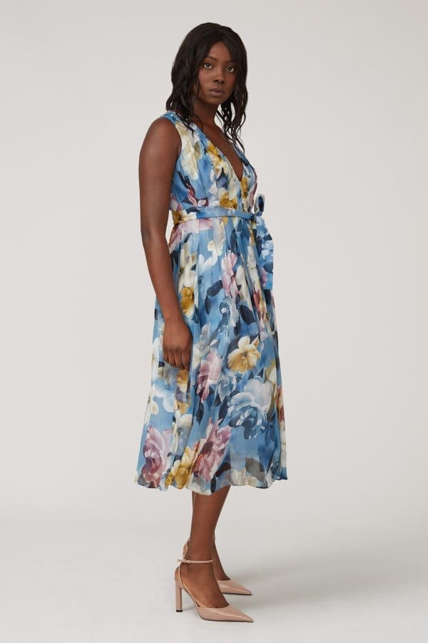 Pria Blue Floral Print Prom Midi Dress - Image 2